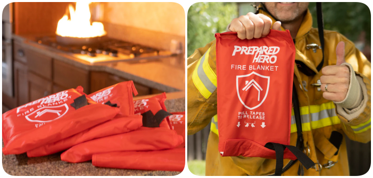 collage of Prepared Hero Fire Blanket in kitchen and with firefighter